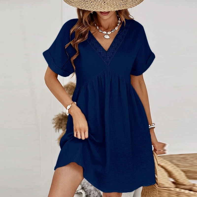 COTTON GAUZE V-NECK dress pattern - Navy - 1 - large format