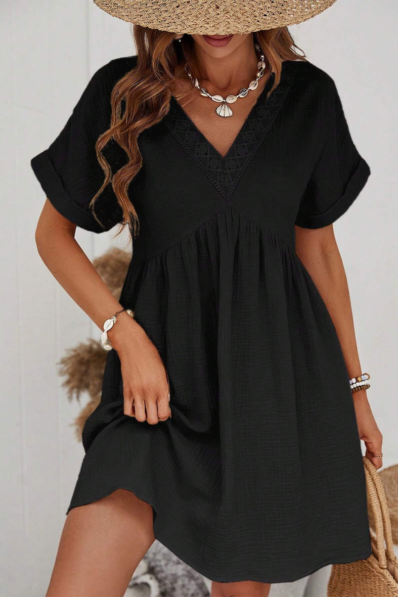 COTTON GAUZE V-NECK dress pattern - Black - 1 - large format