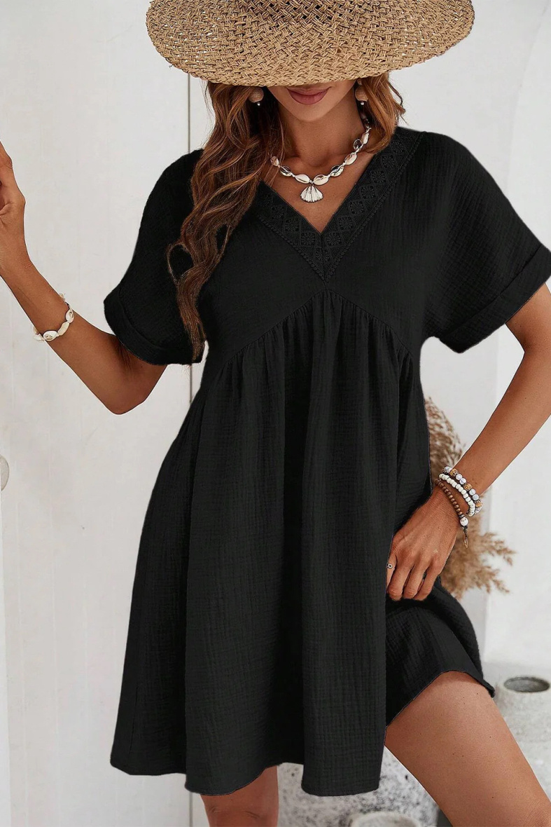 COTTON GAUZE V-NECK dress pattern - Black - 3 - large format