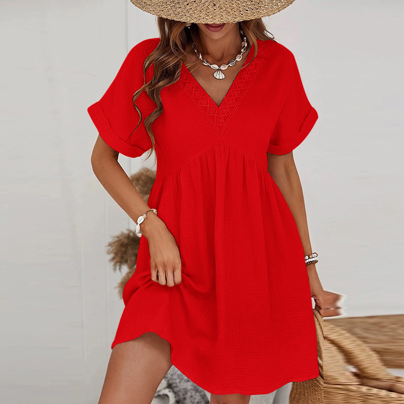 COTTON GAUZE V-NECK dress pattern - Red - 1 - large format