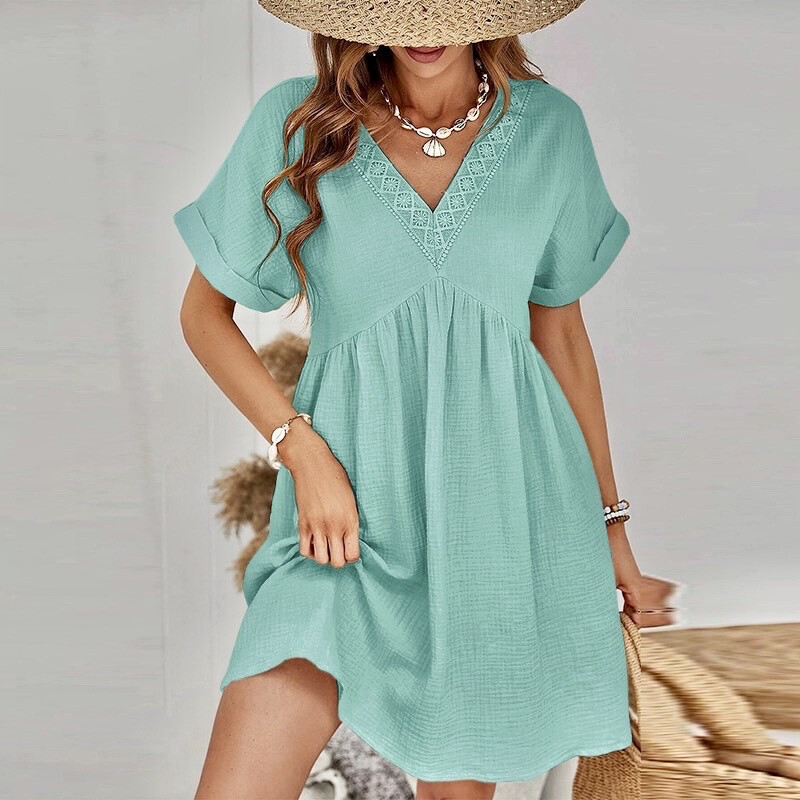 COTTON GAUZE V-NECK dress pattern - Aqua Marine - 1 - large format