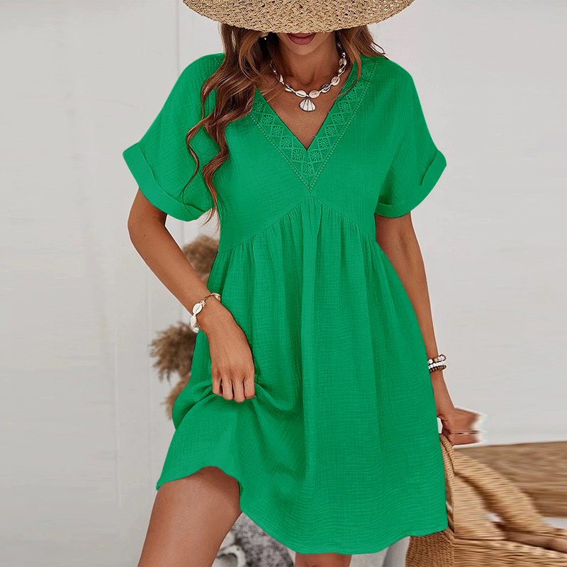COTTON GAUZE V-NECK dress pattern - Green - 1 - large format