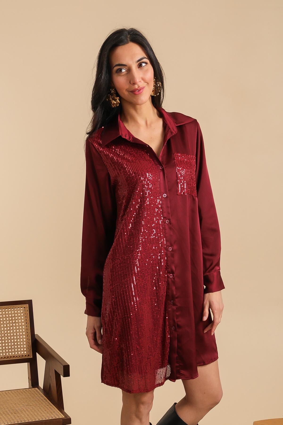 Wholesaler ISSYMA - Satin shirt dress with shiny sequins