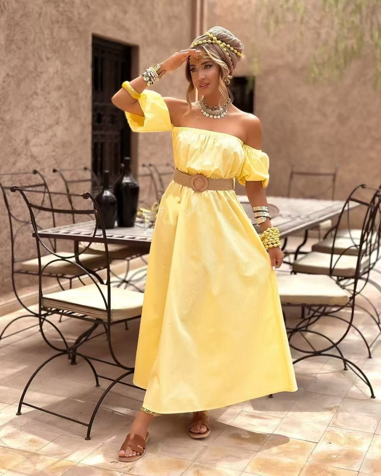 Mayorista ISSYMA - Vestido largo de algodón Poplin hombro desnudo con cinturón bohemio