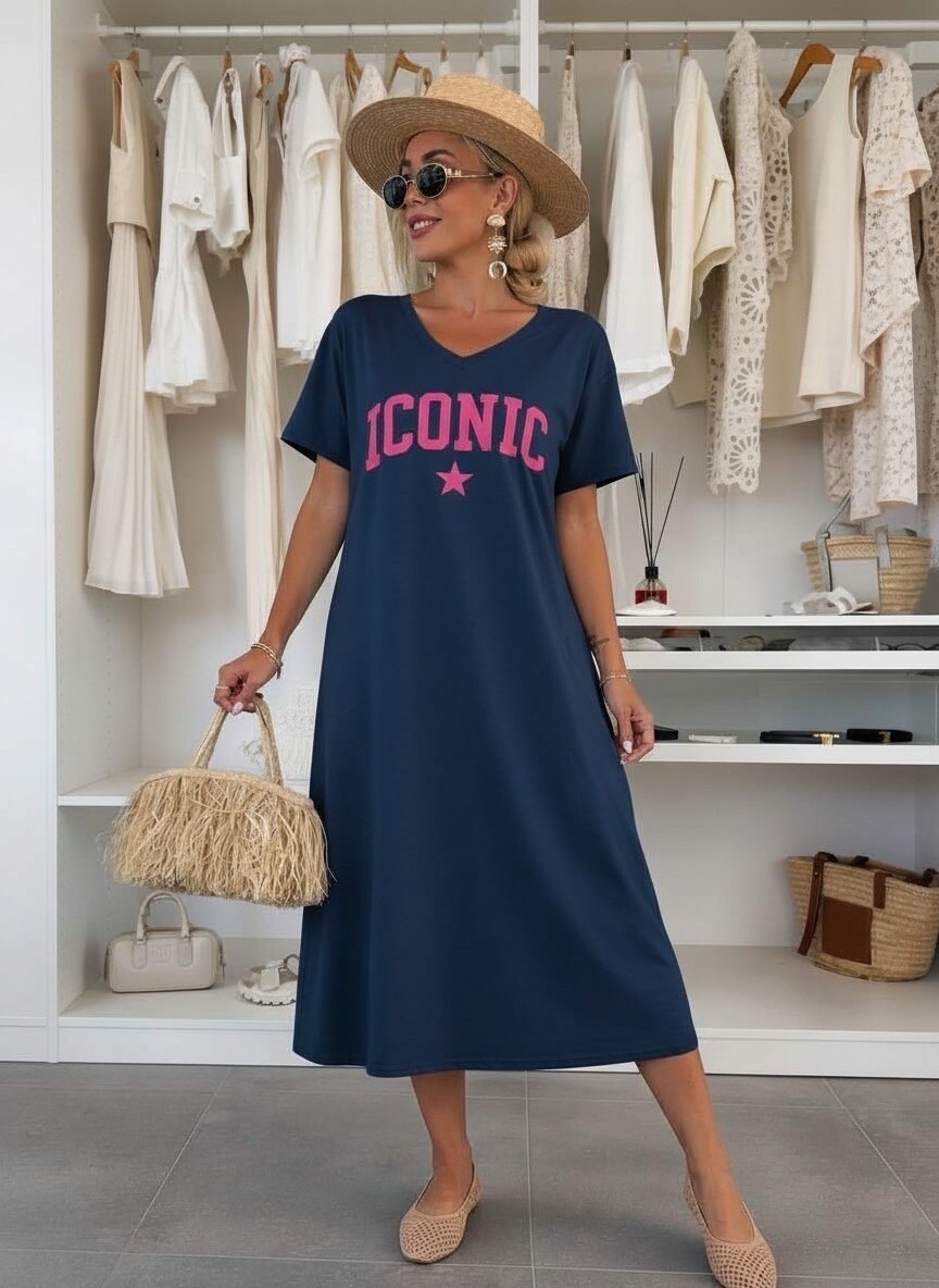 Mayorista ISSYMA - ICONIC vestido estilo camiseta fluido con cuello en V