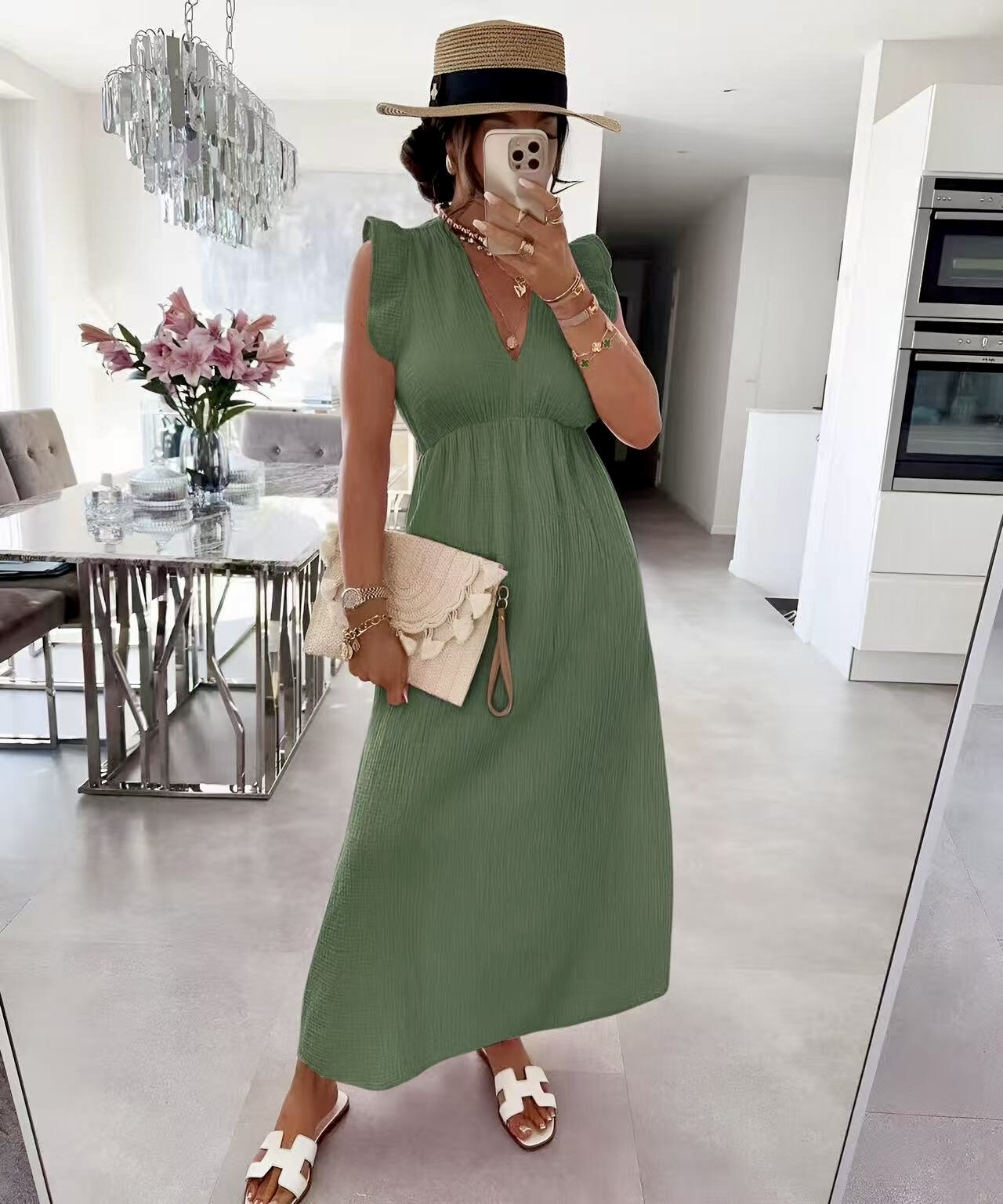 Long dress in cotton gauze flying sleeves