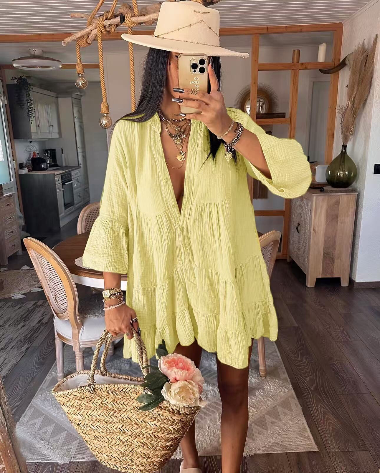 Grossiste ISSYMA - Robe tunique bohème gaze de coton manches évasé