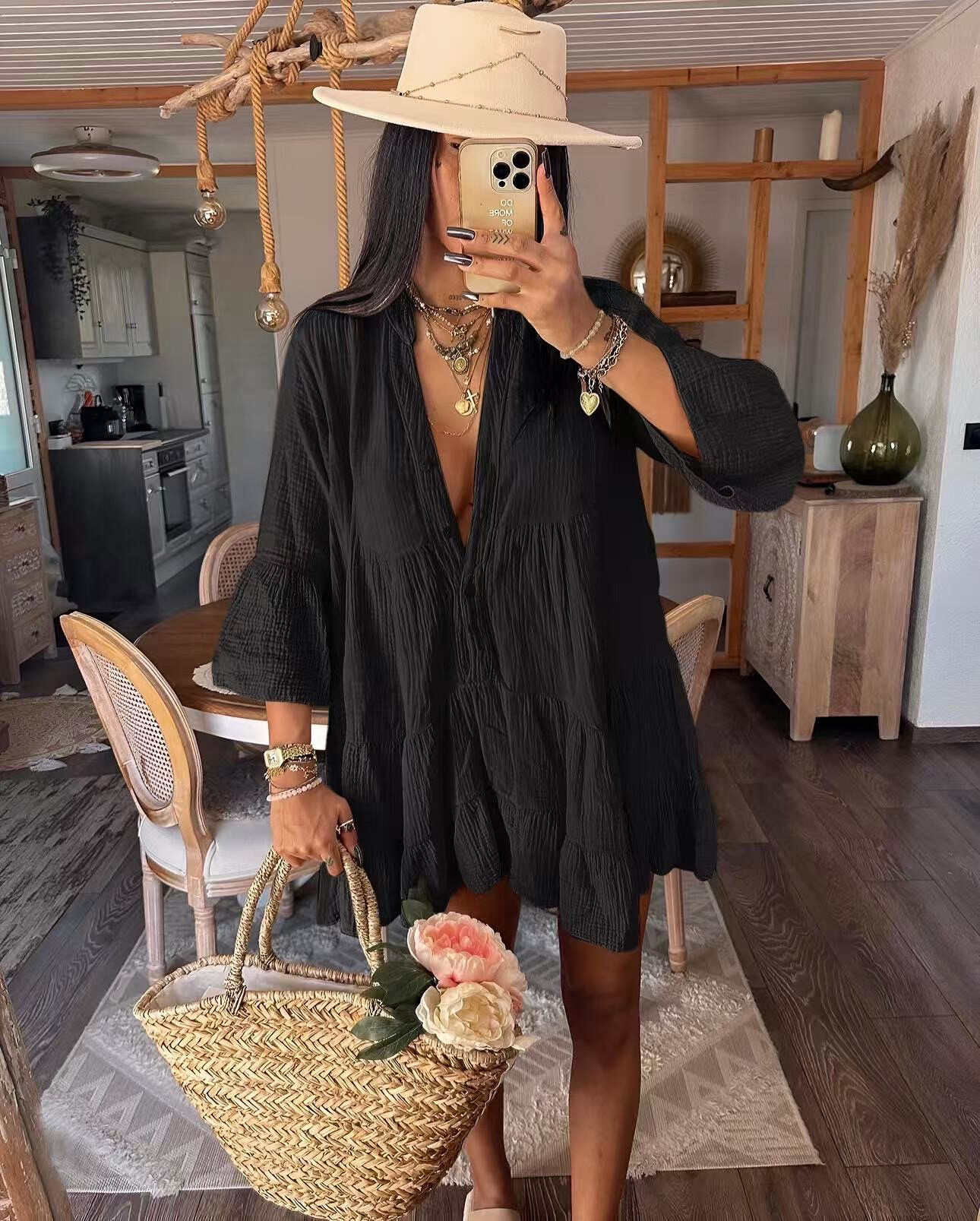 Wholesaler ISSYMA - Bohemian tunic dress cotton gauze flared sleeves