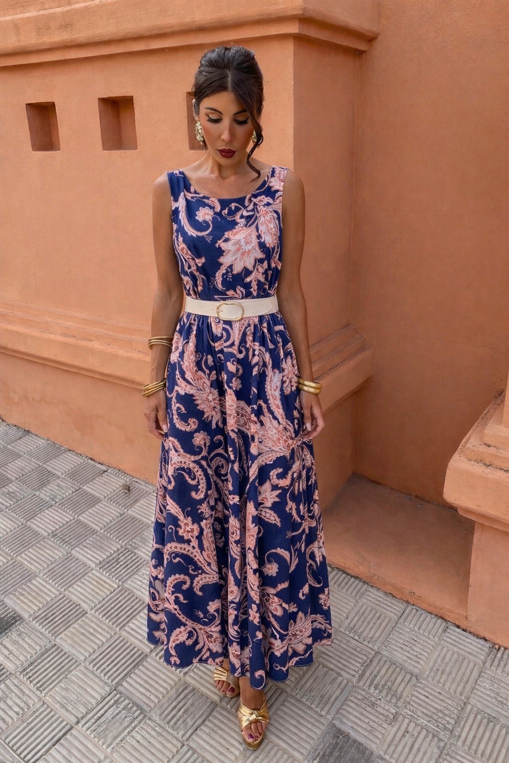 Mayorista ISSYMA - Vestido estampado sin mangas con cinturón