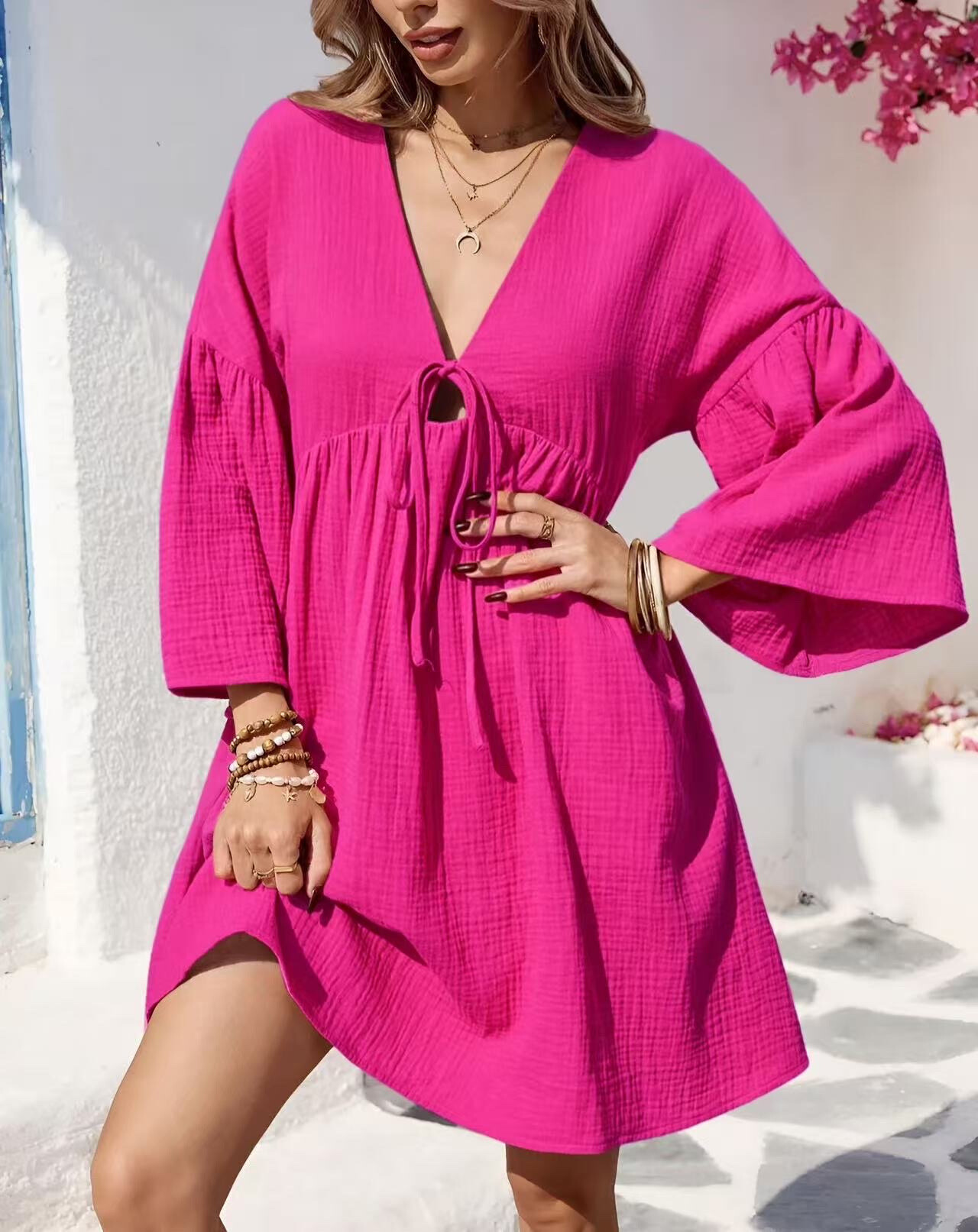 Wholesaler ISSYMA - Cotton gauze dress tied in the flared sleeve collar