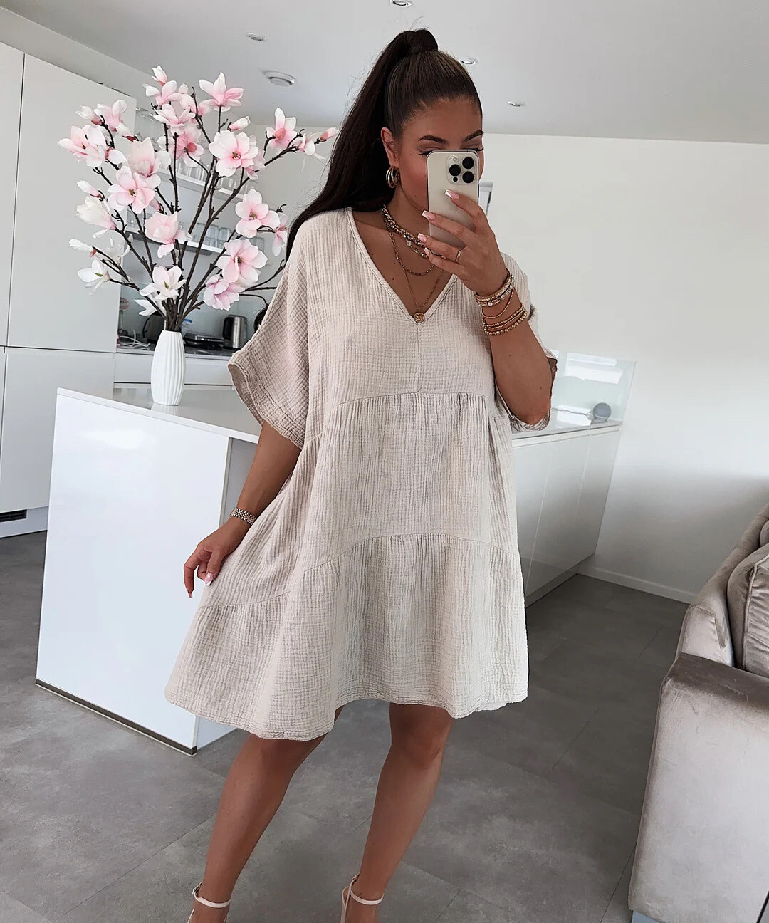 Grossiste ISSYMA - Robe Gaze de coton col V à manches courtes