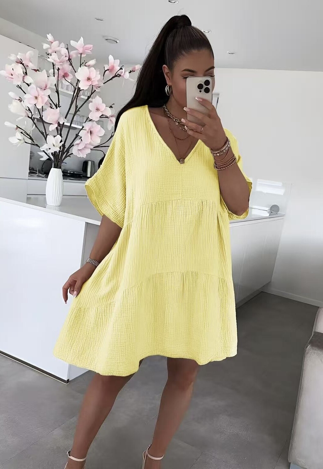 Wholesaler ISSYMA - Cotton gauze dress with short -sleeved V -neck