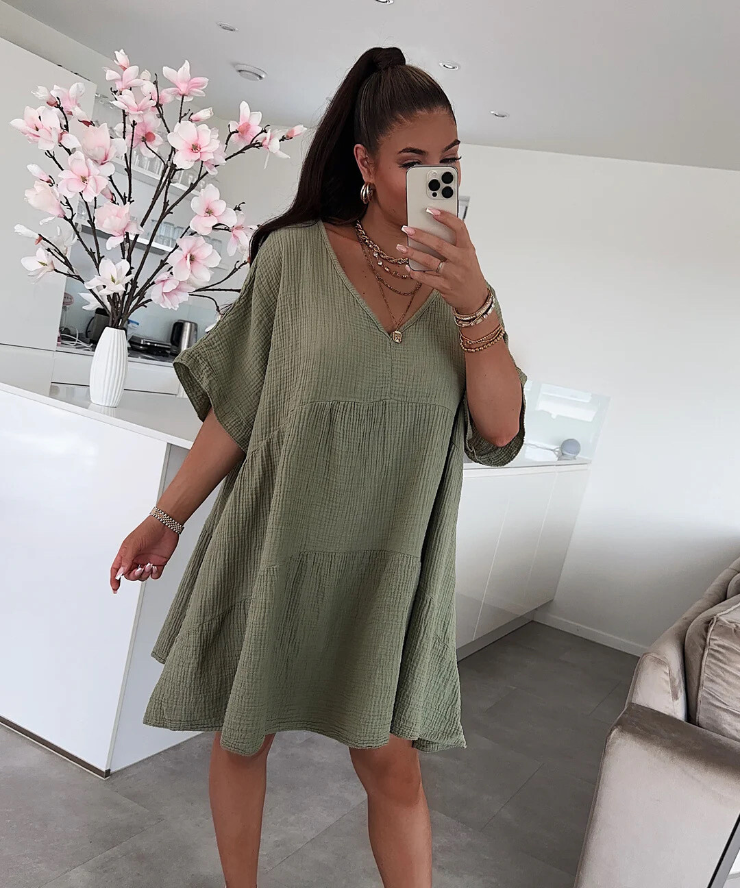 Wholesaler ISSYMA - Cotton gauze dress with short -sleeved V -neck