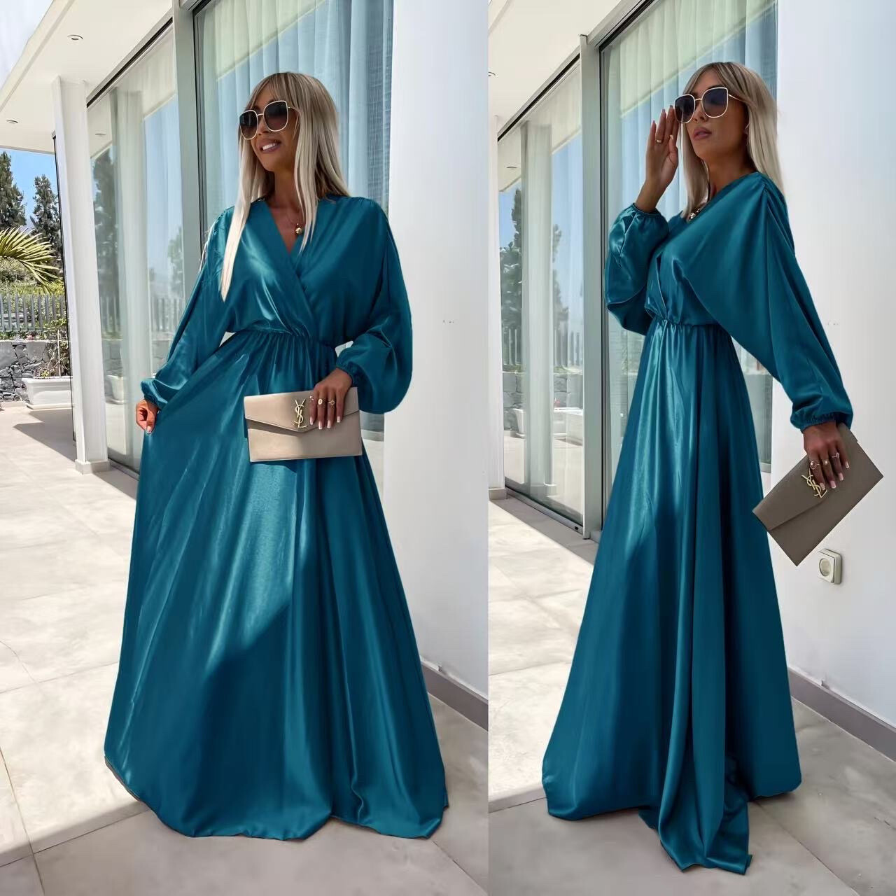 Grossiste ISSYMA - Robe longue satinée à manches bouffantes taille élastique