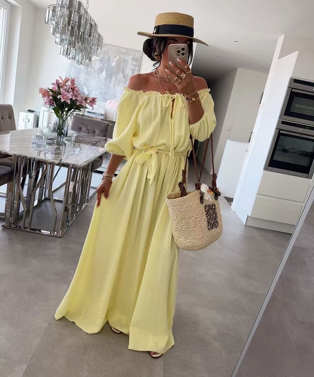 Long dress in cotton gauze bare shoulder collar with link with link