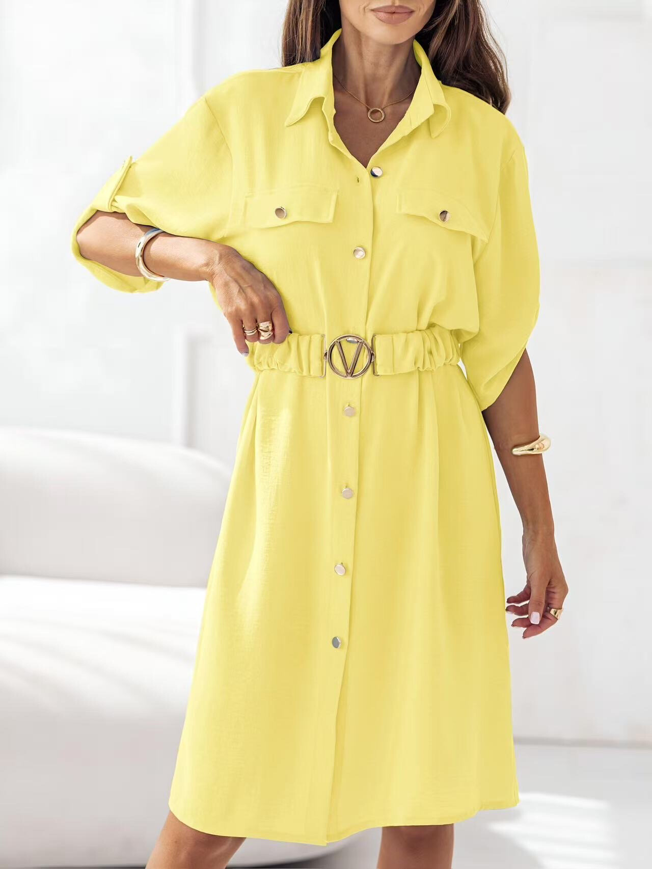 Grossiste ISSYMA - Robe chemise avec ceinture manches boutonnés dorées