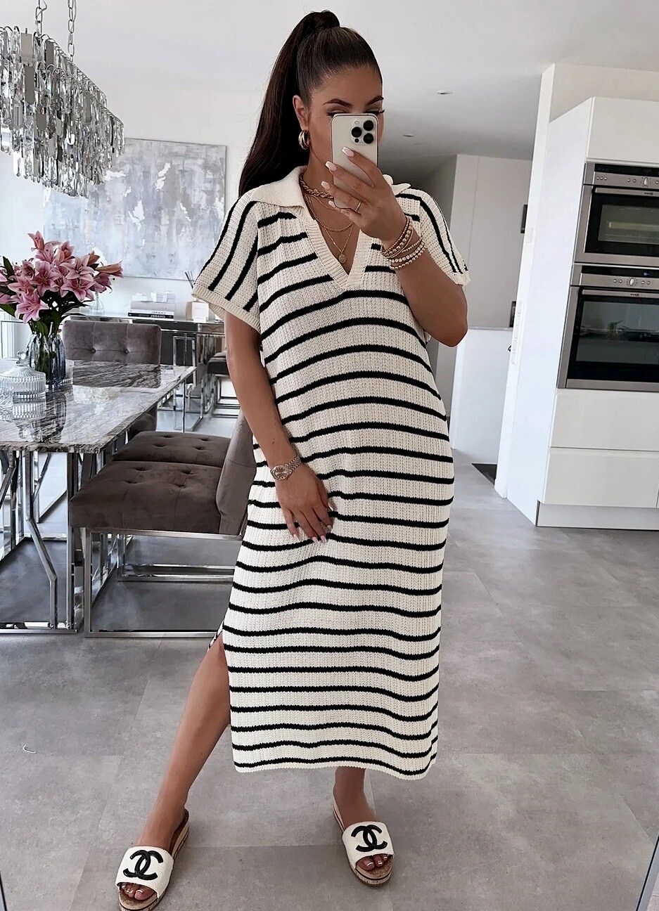 Grossista ISSYMA - Abito lungo oversize a righe con colletto polo: stile chic e casual