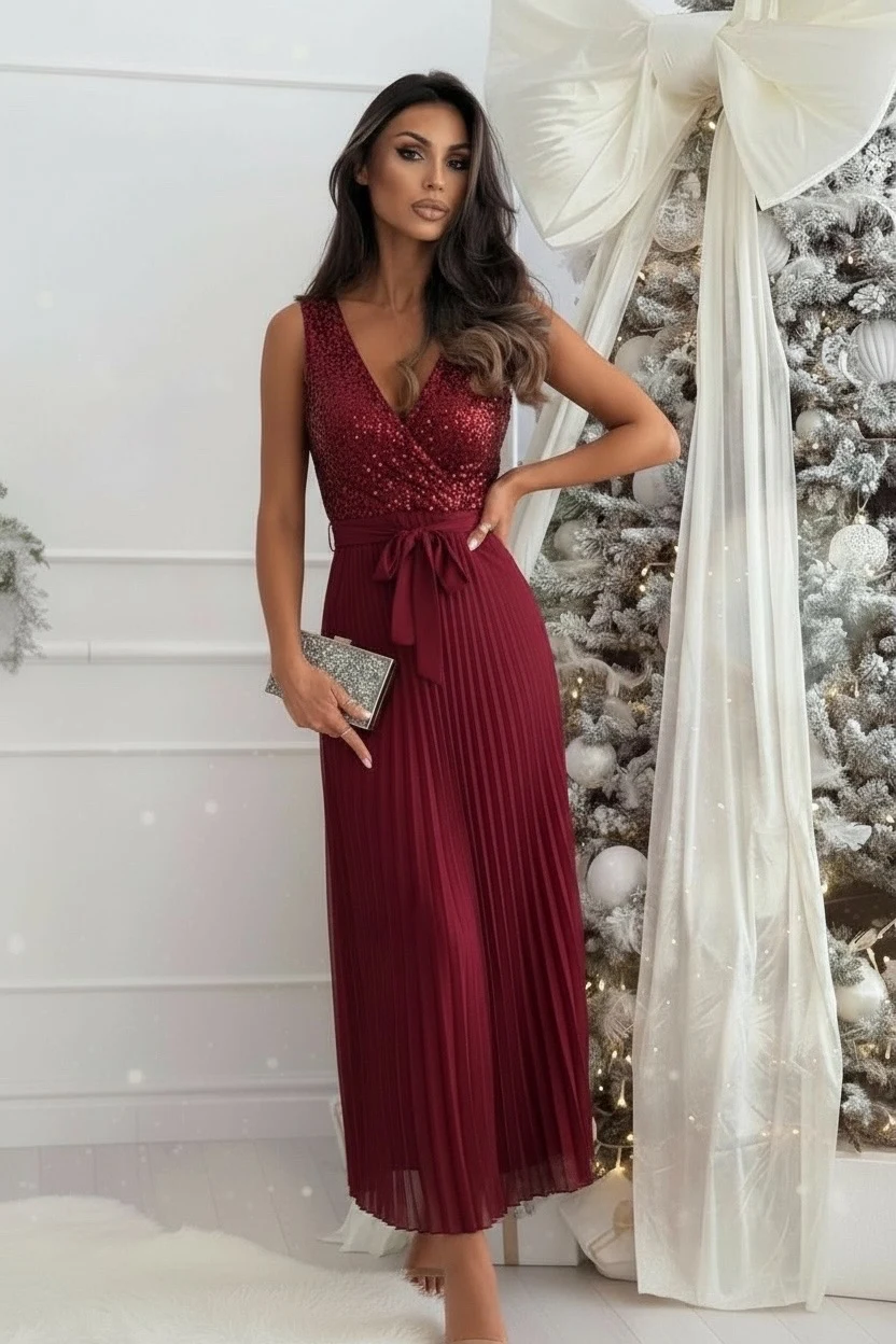 Lingue robe à sequins plissée avec lien taille élastique