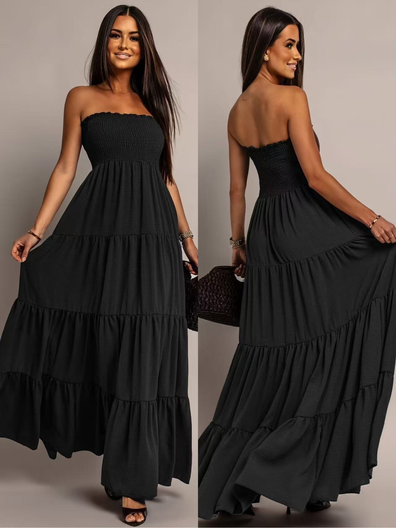 Long ruffled strapless dress, flexible viscose, ideal for summer