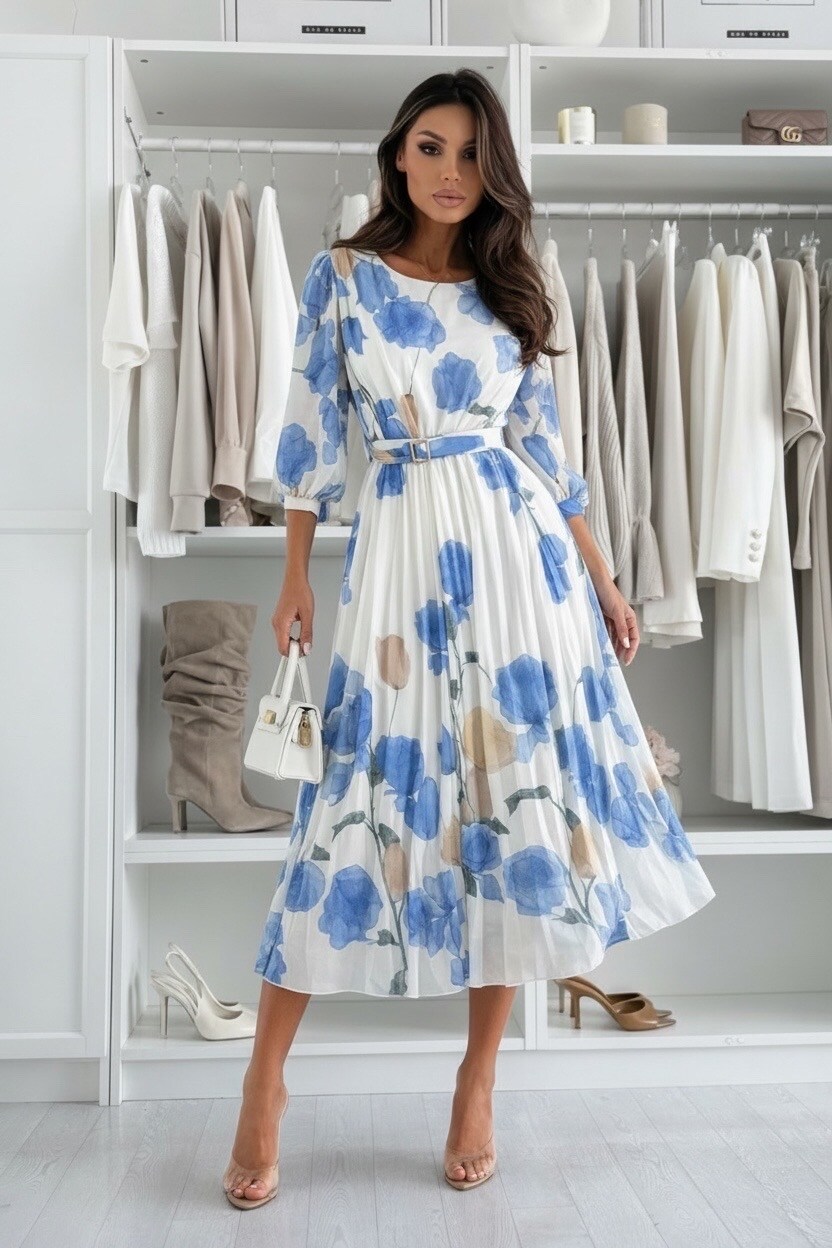 Mayorista ISSYMA - Vestido plisado estampado floral con cinturón Mangas 3/4 Forro de viscosa