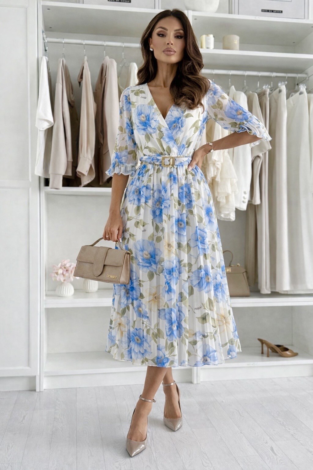 Mayorista ISSYMA - Vestido plisado estampado floral con cinturón Mangas 3/4 Forro de viscosa