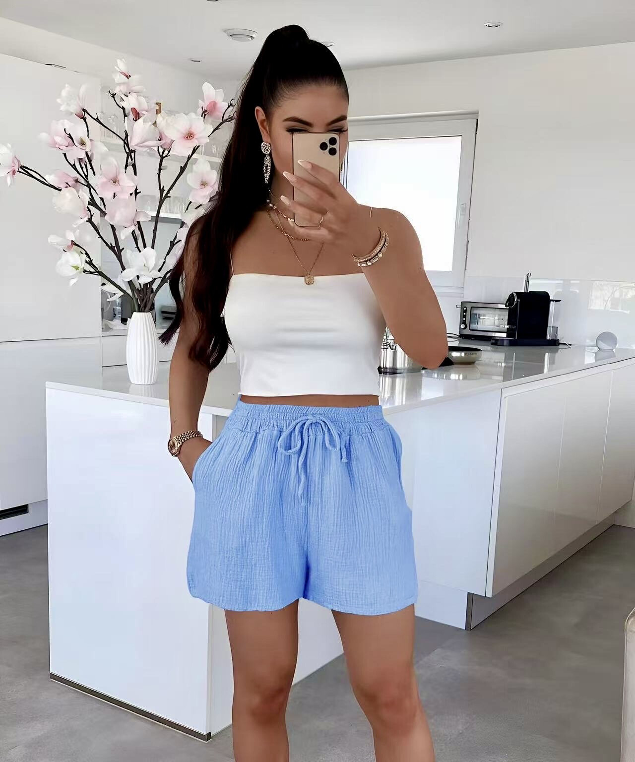 Wholesaler ISSYMA - Cotton gauze shorts with elastic size cord