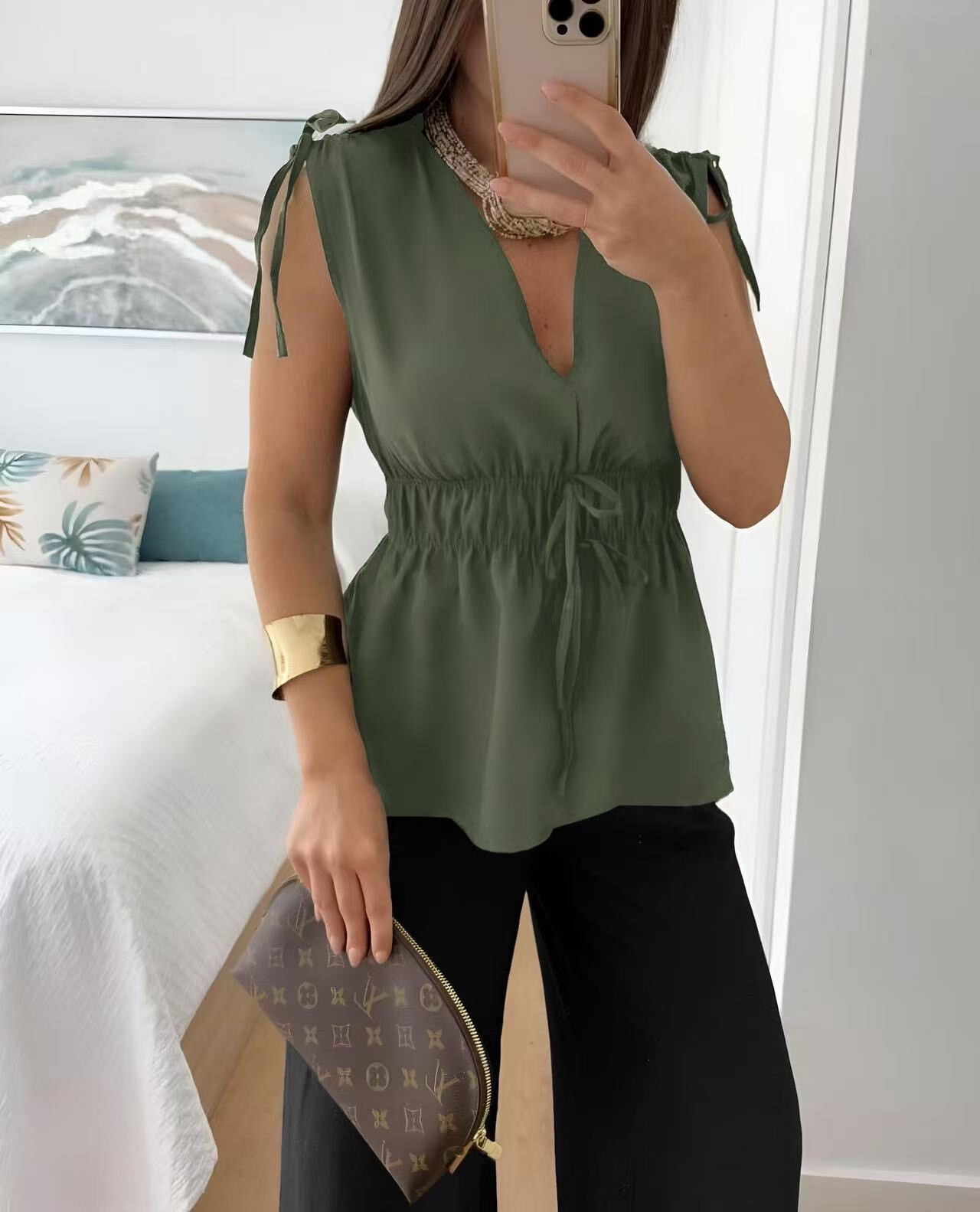 Grossiste ISSYMA - Top Chic– Col V, Taille élastique , Nœuds aux Épaules