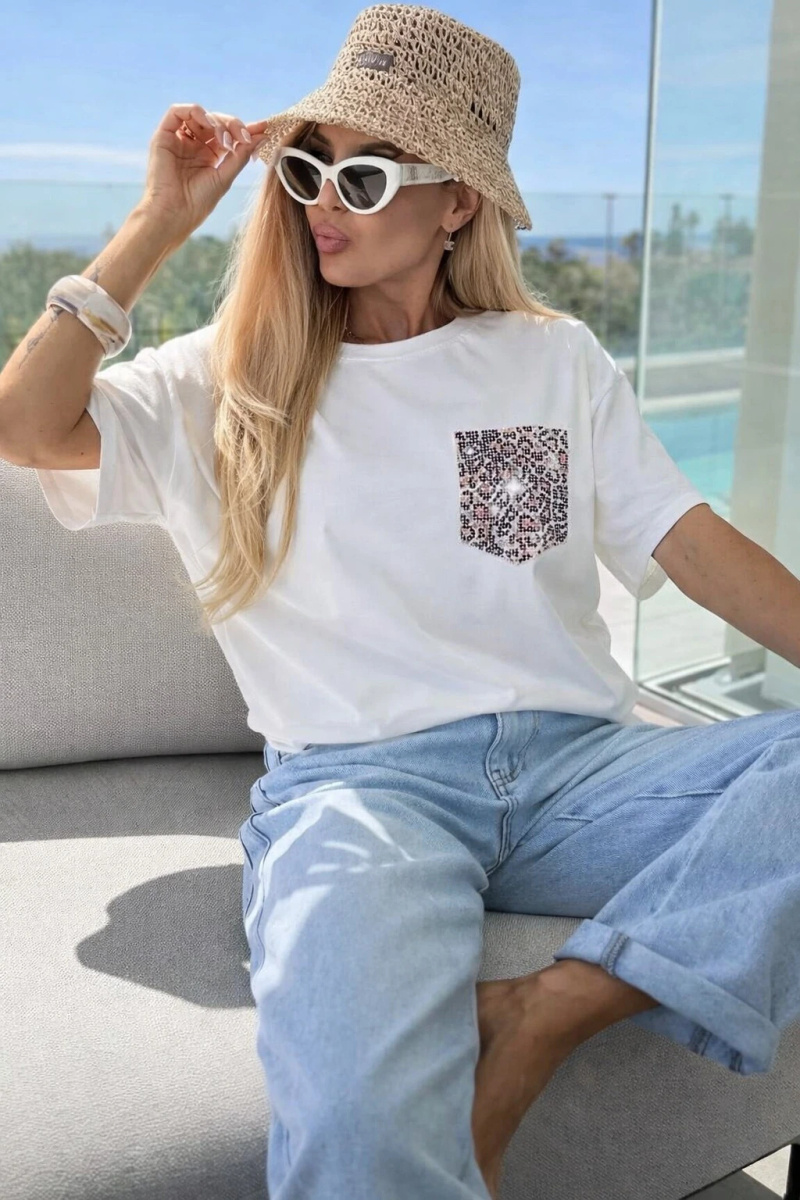 Wholesaler ISSYMA - Premium quality cotton t-shirt with faux leopard sequin pocket