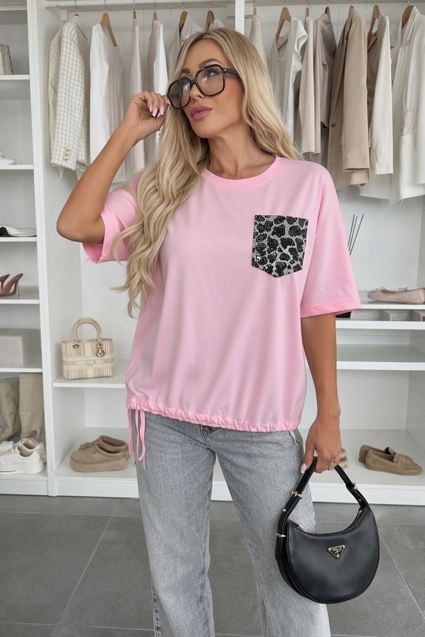 Mayorista ISSYMA - Top con bolsillo de leopardo con lentejuelas – corte holgado de moda