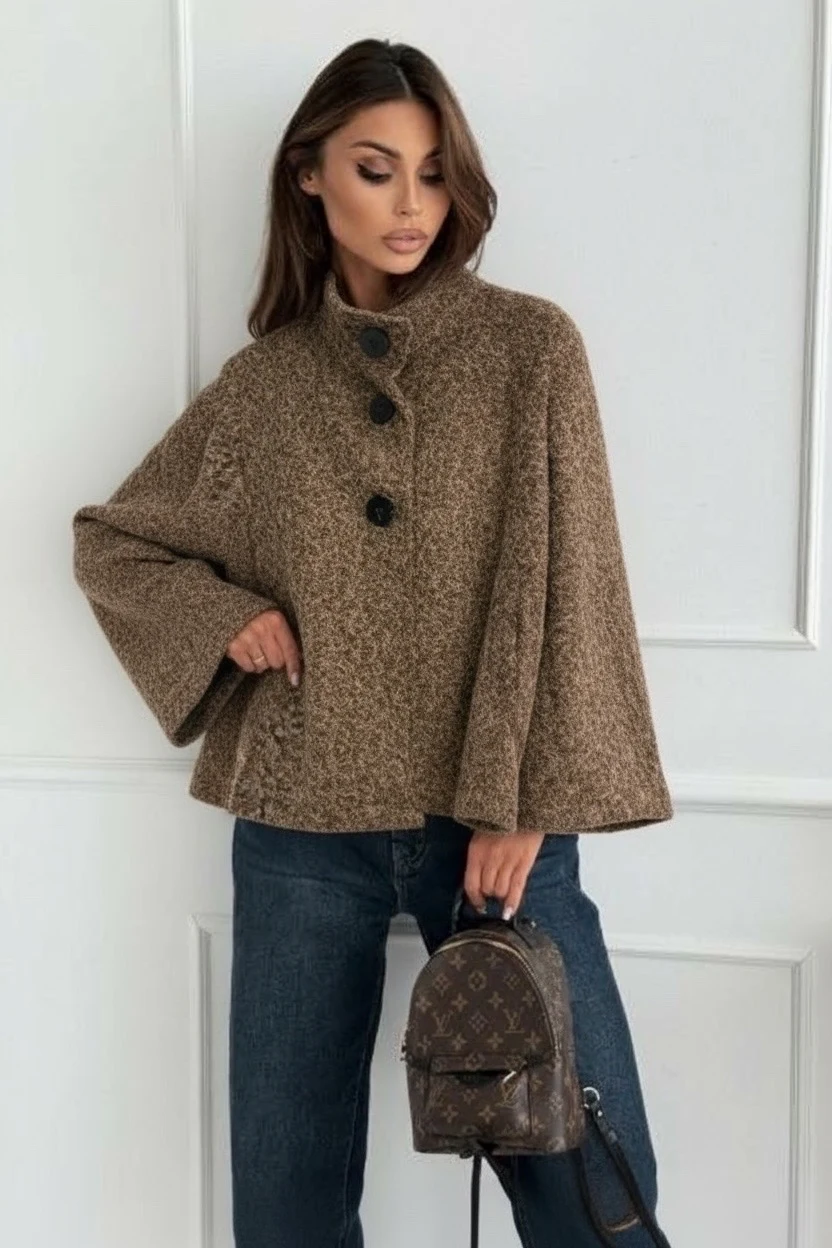 Veste style poncho en laine bouillie  à gros boutons noirs