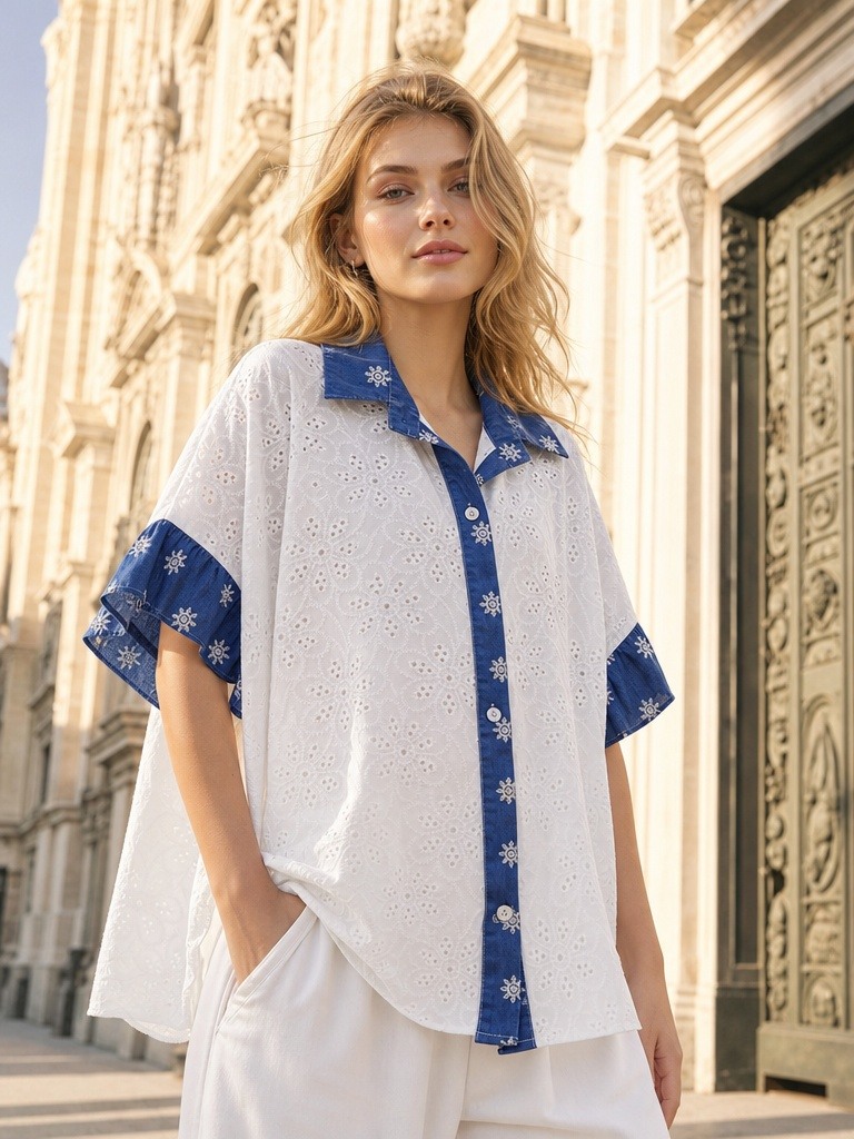 Wholesaler IT FASHION MODA - Shirt with denim trim and eyelet lace, 70 cm wide, 70 cm long