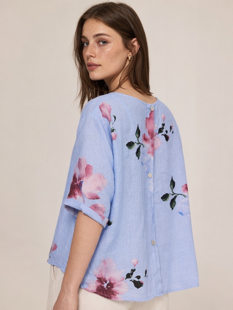 Mayorista IT FASHION MODA - Blusa de mujer de lino puro con botones en la parte trasera, ancho 60 cm, largo 60 cm