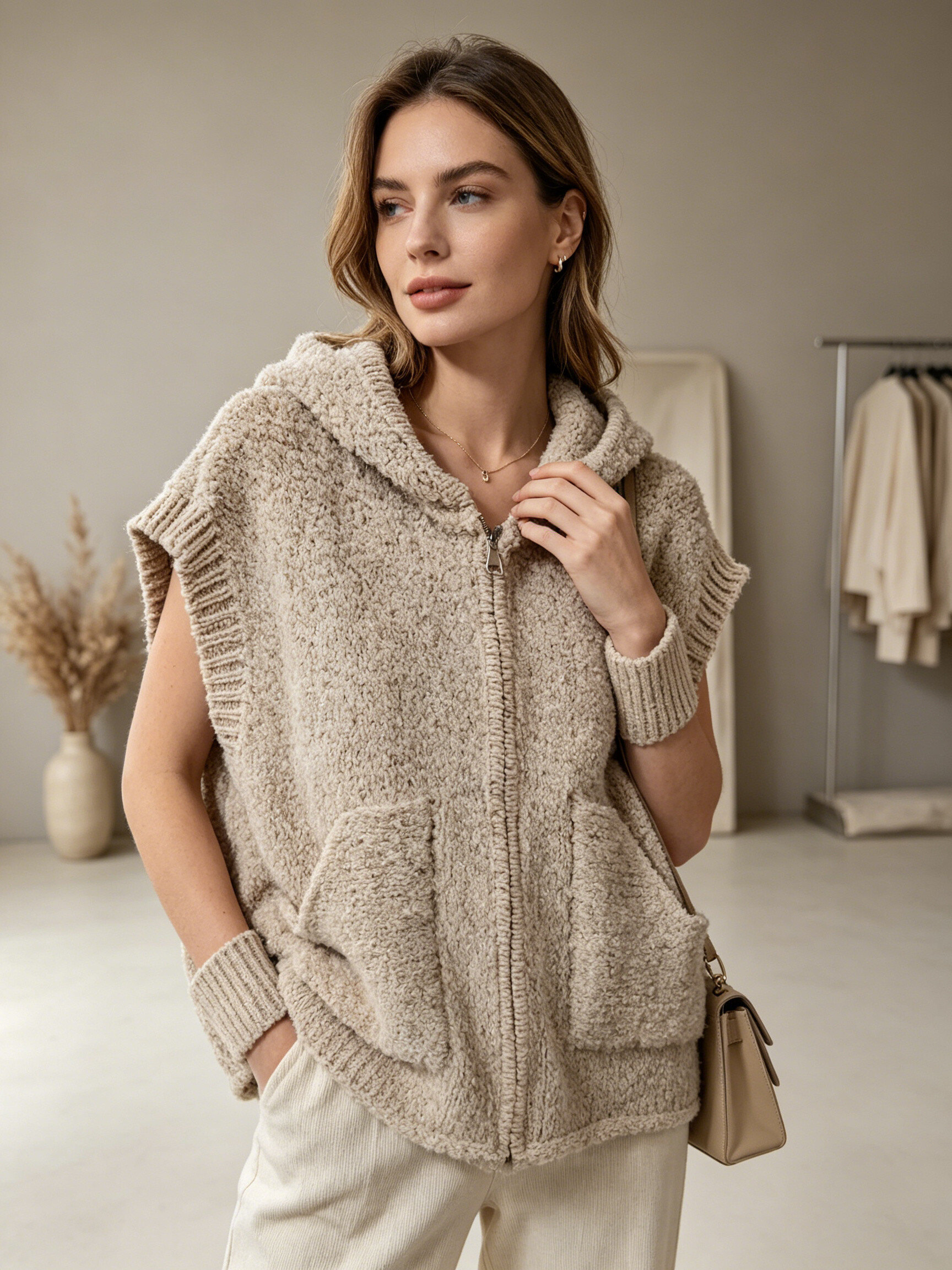 Wholesaler IT MODA - Knitted sleeveless vest with hood and zipper