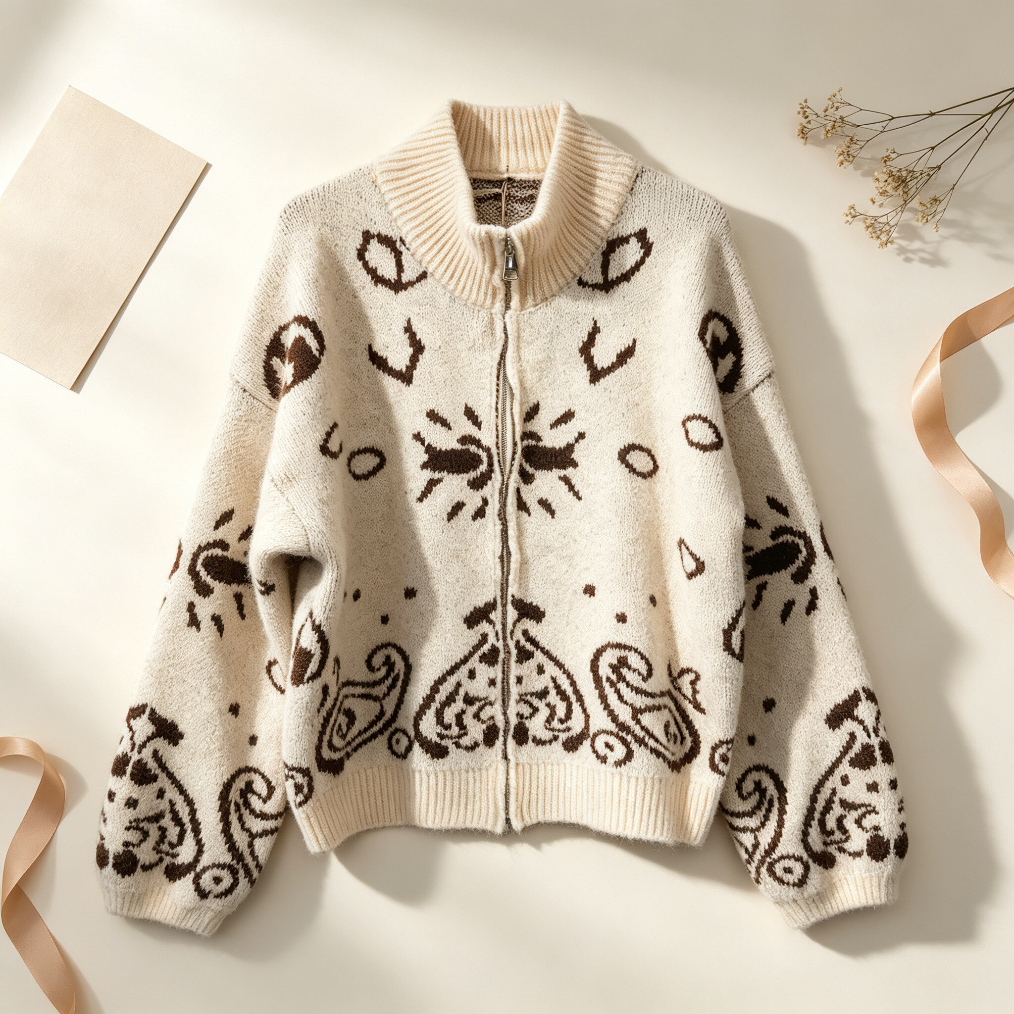 Grossiste IT MODA - Cardigan en maille duveteuse avec zip et motif ethnique