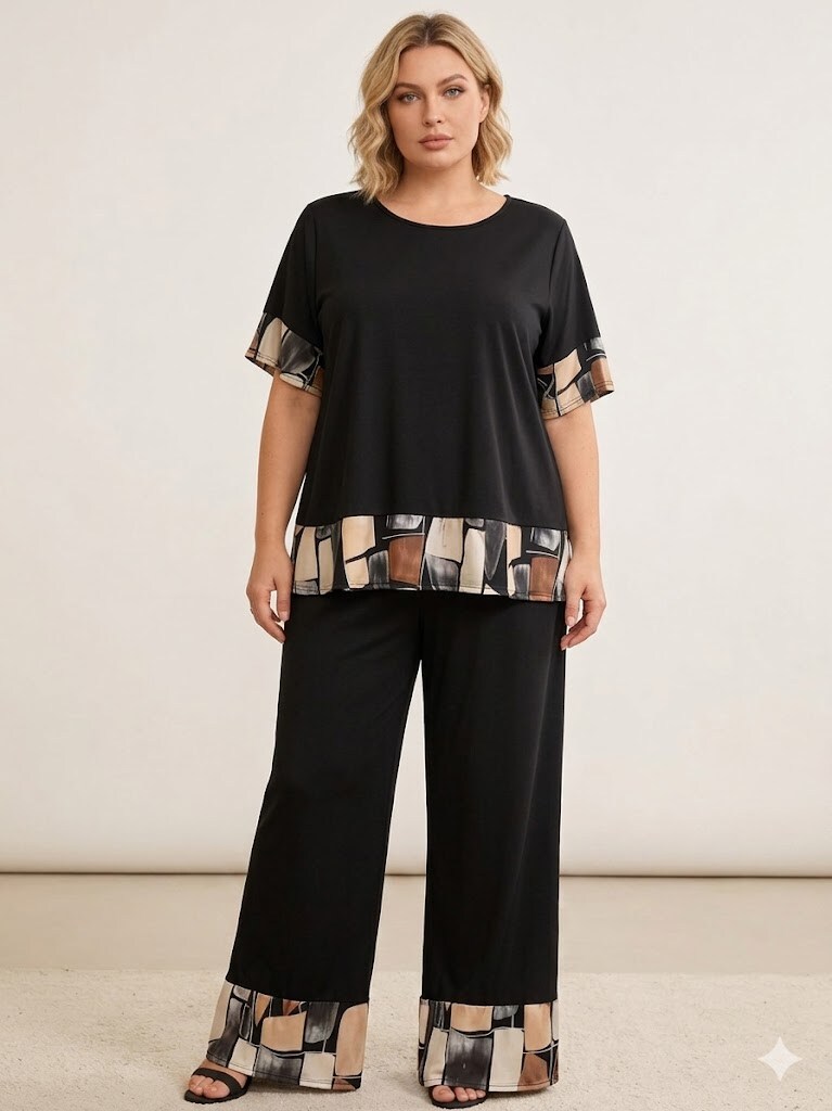 Großhändler Italian Style - Kurzarm-Rundhals-Set Künstlerisches Muster Hose mit Gummizug
