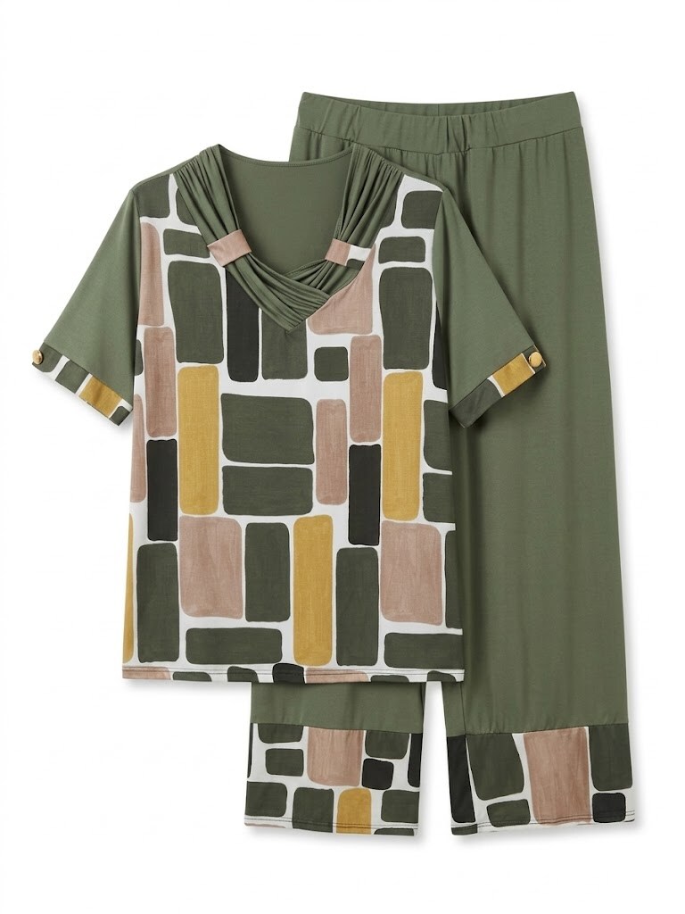 Wholesaler Italian Style - SHORT SLEEVE SET WITH ARTISTIC PATTERN V-NECK PANTS WITH ELASTIC