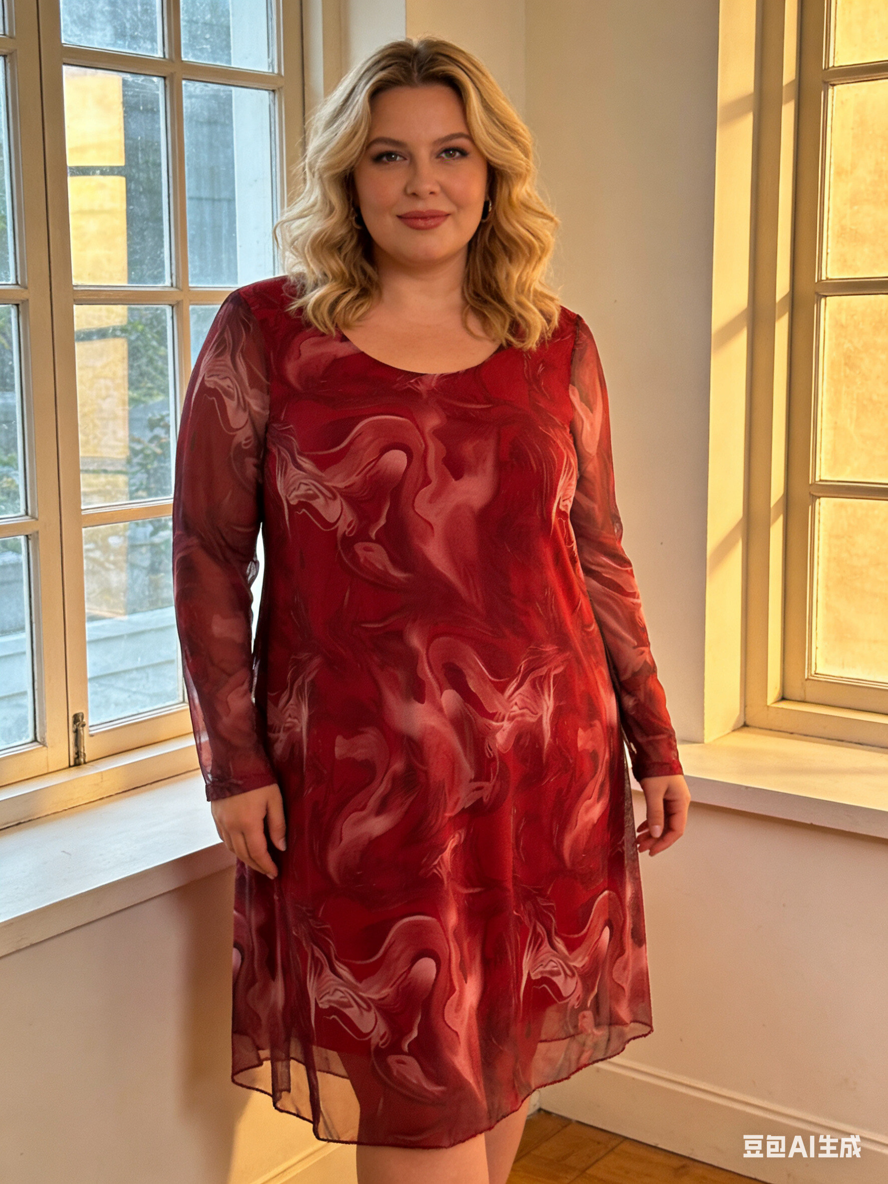 Grossista Italian Style - Abito Midi in Mesh Rosso Cremisi con Stampa Artistica Sfumata