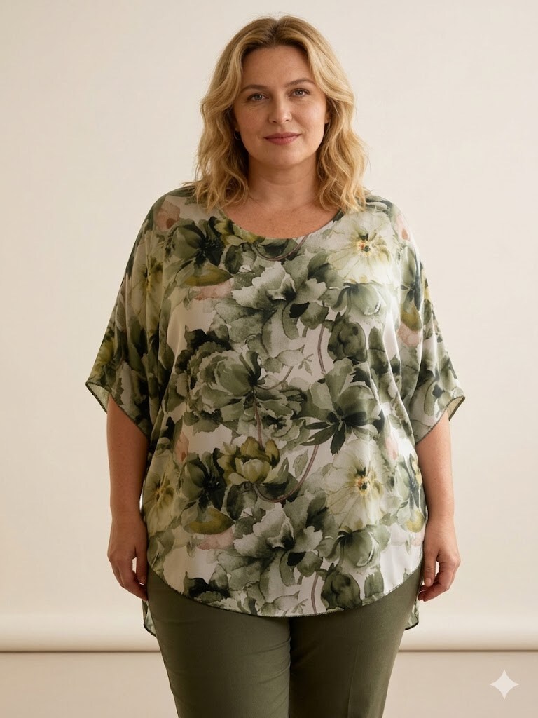 Mayorista Italian Style - CAMISETA DE CHIFÓN CON MANGAS VOLANTES CUELLO REDONDO ESTAMPADO FLORAL CON FORRO