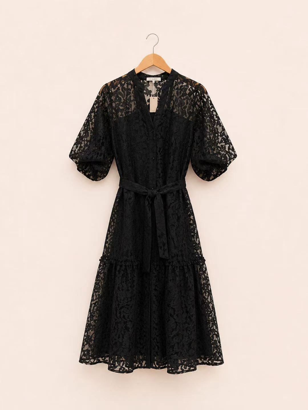 Mayorista Bubblee - Vestido de encaje para mujer de talla grande con diseño transparente, cinturón y elegante camiseta sin mangas con mangas abullonadas (11205)