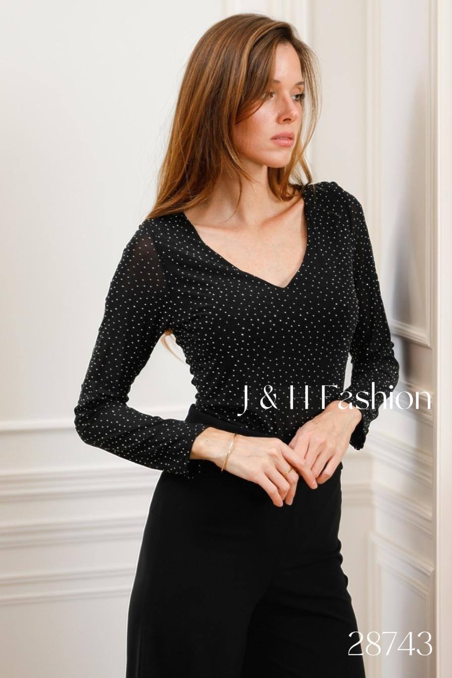 Wholesaler J&H Fashion - V-neck long sleeve rhinestone bodysuit with snap closure
