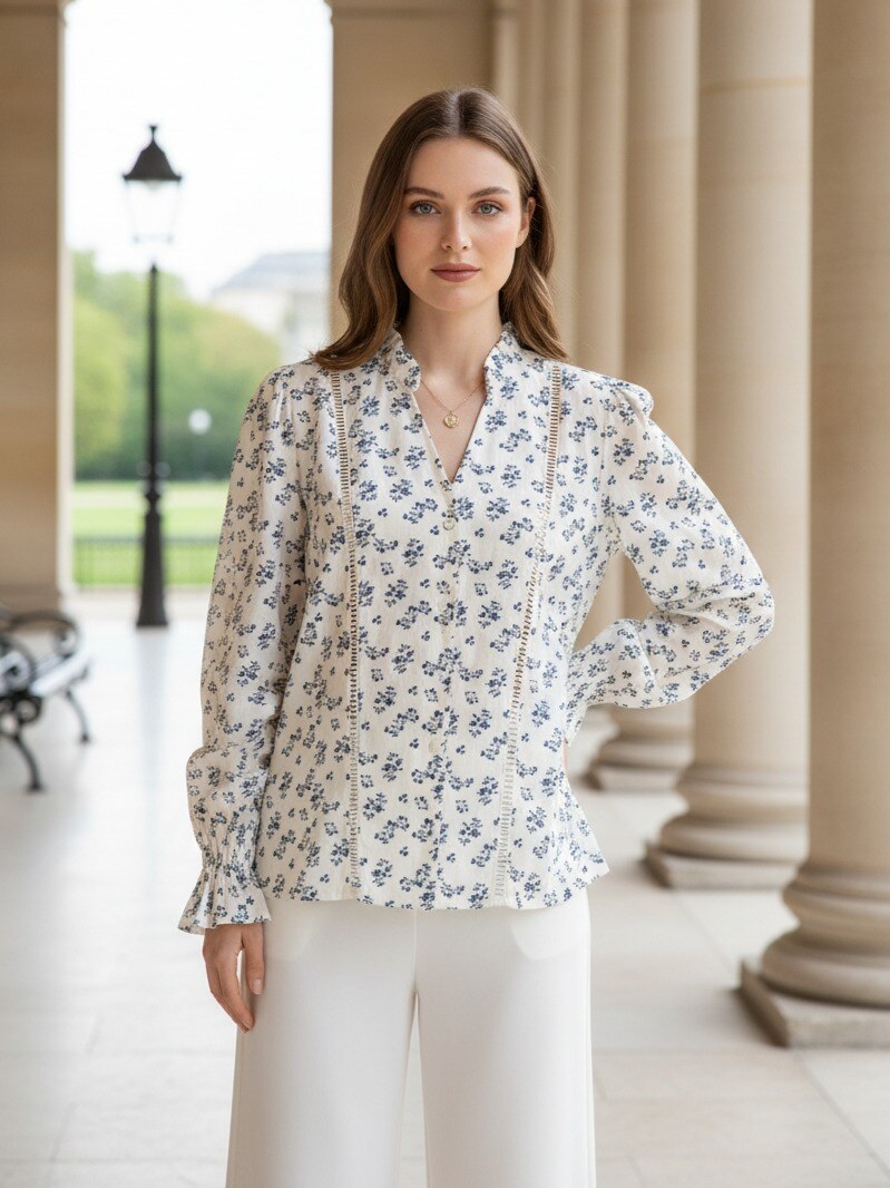 Grossista J&H Fashion - Blusa fluida con motivo floreale integrale si distingue per il colletto alto con spacco a V, dettagli in pizzo verticale traforato e maniche lunghe