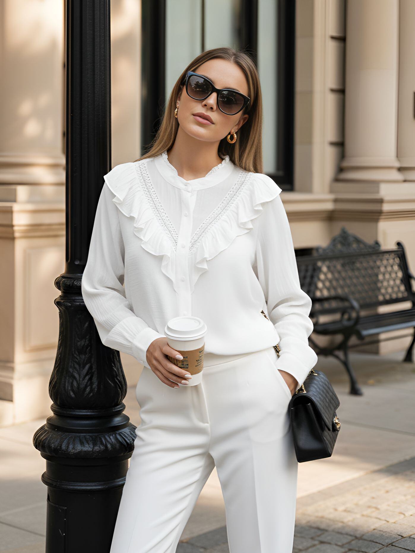 Grossista J&H Fashion - Blusa fluida con collo alto e maniche lunghe, ornata con delicati volant e inserti in pizzo sul busto.