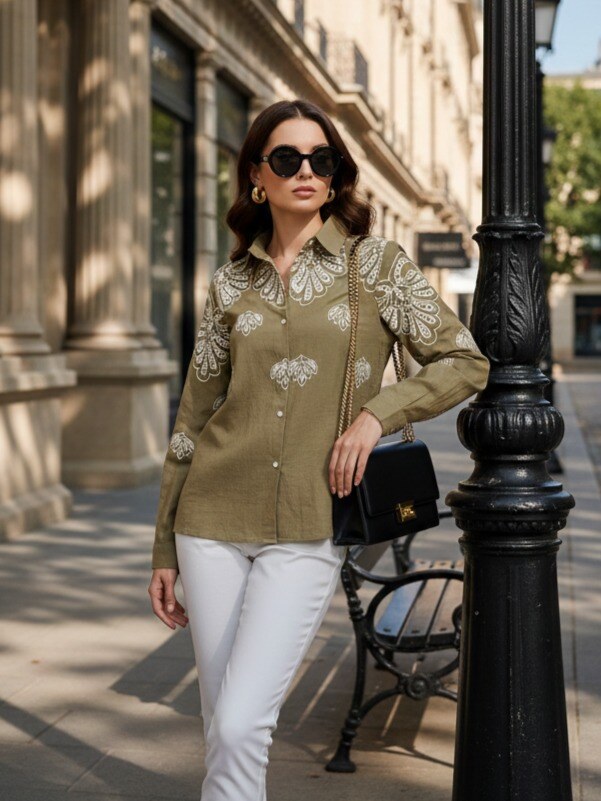 Mayorista J&H Fashion - Camisa elegante con una textura de lino refinada, adornada con delicados bordados florales en el cuello y los hombros para un aspecto sofisticado.