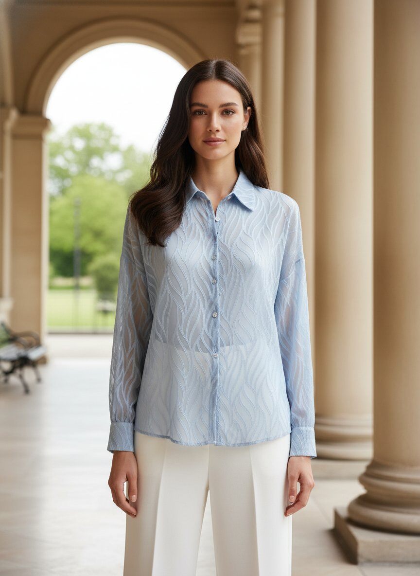 Großhändler J&H Fashion - Fließendes und leicht transparentes Hemd, verziert mit zarten, geprägten Wellenmustern.