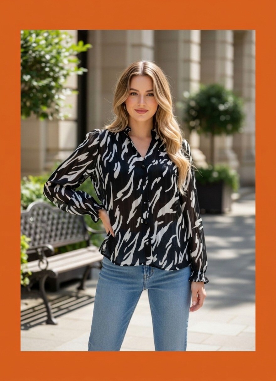 Grossista J&H Fashion - Camicia elegante e vaporosa, questa blusa punta su una stampa zebrata astratta in bianco e nero e un gioco di righe satinate