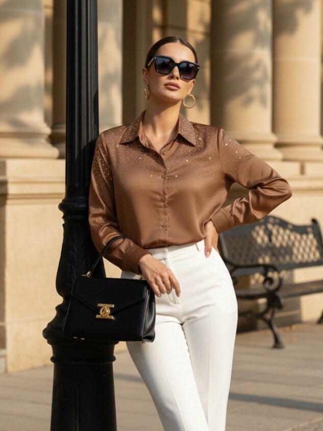 Mayorista J&H Fashion - Blusa elegante de satén fluido, delicadamente adornada con brillantes cristales en el cuello y los hombros para un toque de sofisticación.