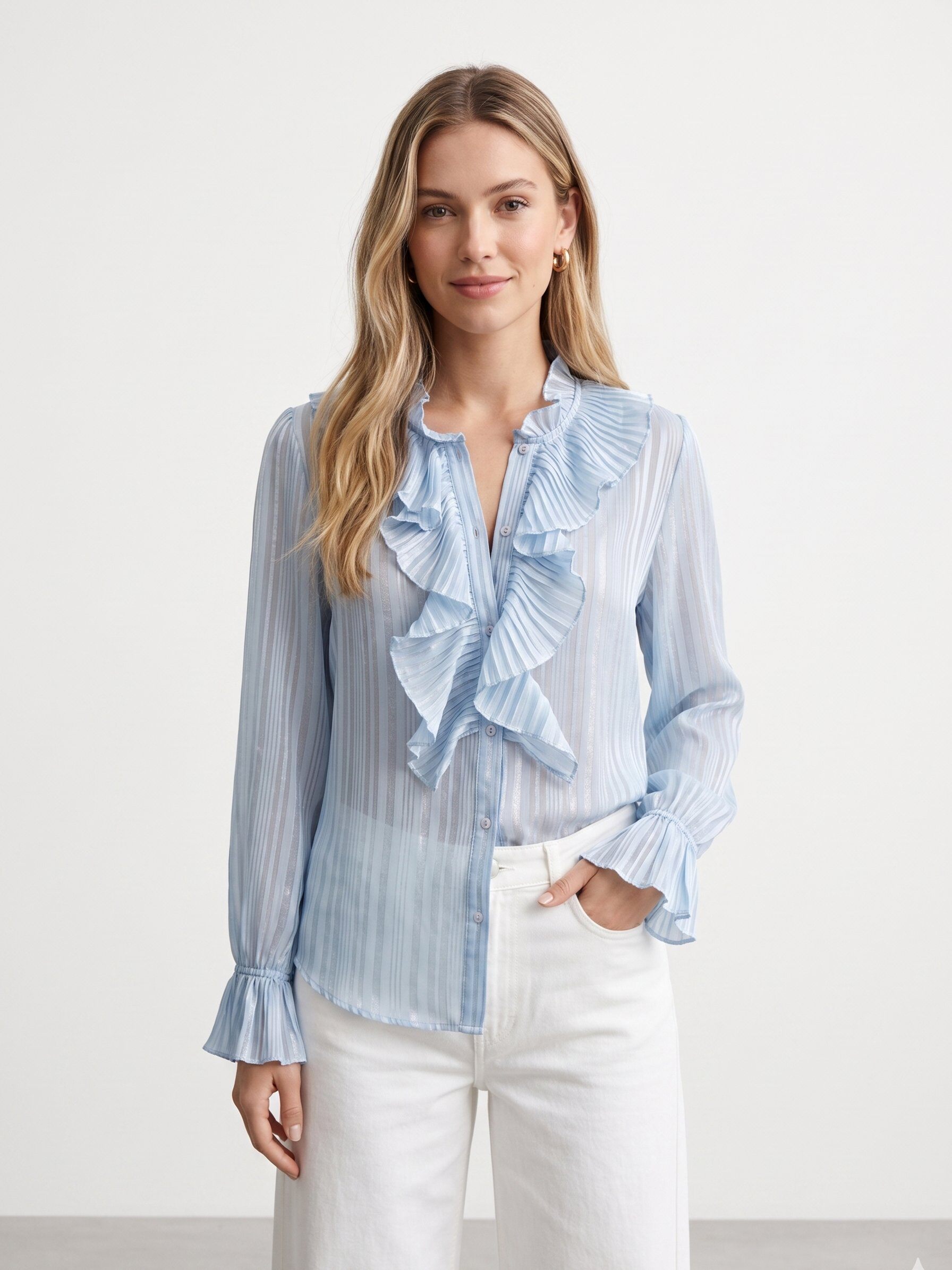 Mayorista J&H Fashion - Blusa fluida con rayas satinadas verticales, un escote en V adornado con volantes plisados y puños elásticos a juego.