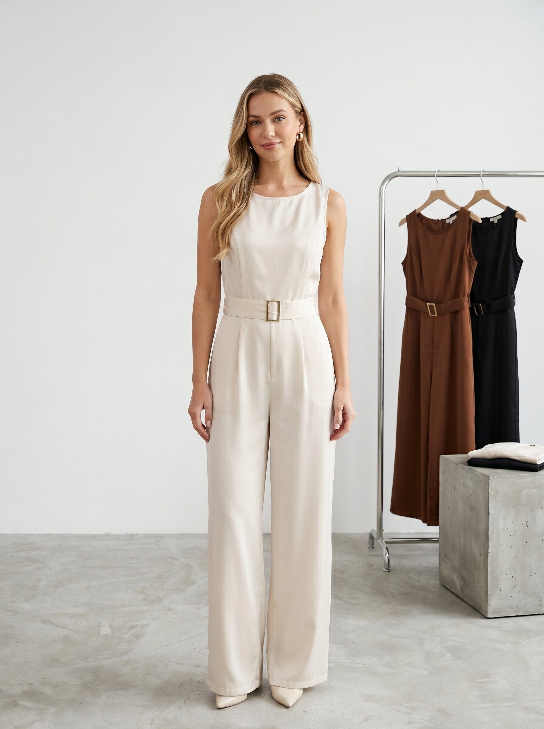 Großhändler J&H Fashion - ärmelloser Overall mit quadratischem Ausschnitt, tailliert mit einem Gürtel mit goldener Schnalle und weit geschnittenen Hosen mit fließendem Fall