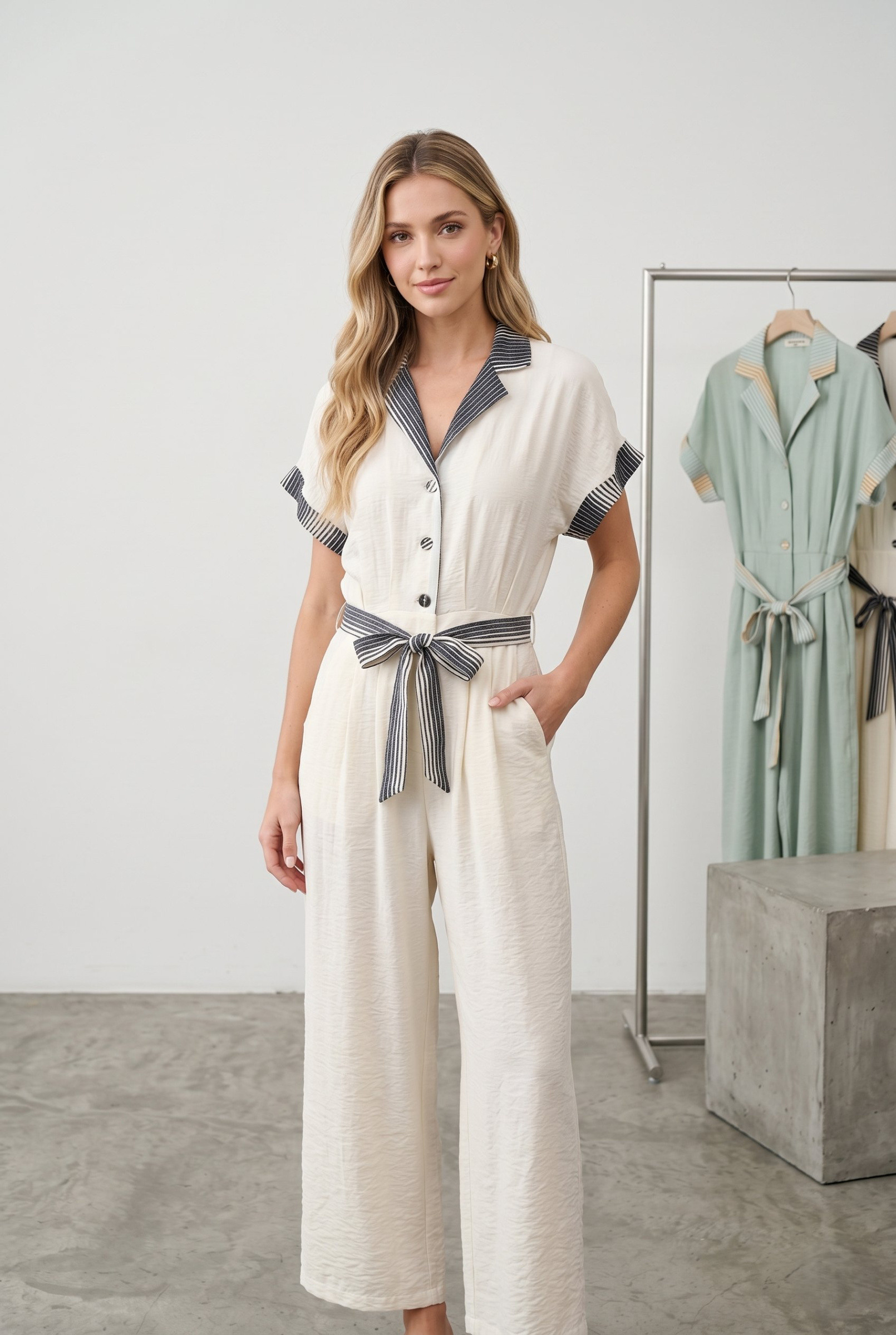 Grossiste J&H Fashion - combinaison à manches courtes présente une coupe fluide avec un col à revers, une taille marquée par une ceinture à nouer et un pantalon large pour une