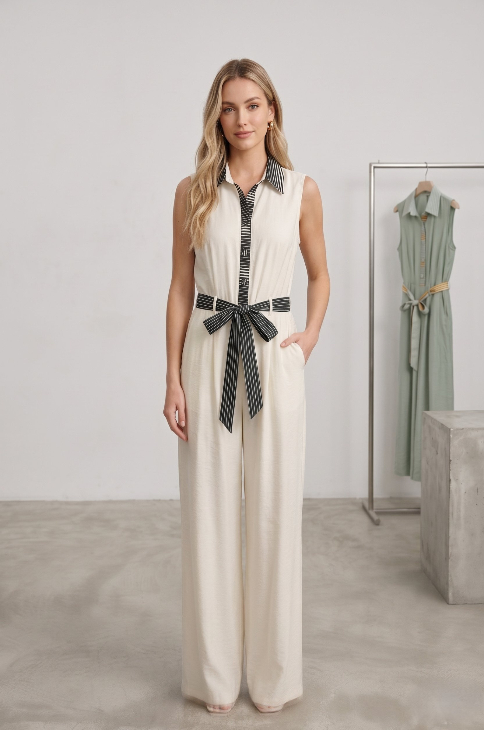 Großhändler J&H Fashion - ärmelloser Overall mit einem geknöpften Hemdkragen, einer Taille, die durch einen Bindegürtel betont wird, und weit geschnittenen, fließenden Hosenbeinen.